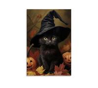 GFGPSALZU Halloween Poster with Black Cat in Witches Hat Sitting near Pumpkins Fashionable Wall Decor - Hanging Art Poster And Mural08x12inch(20x30cm)