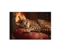 GFGPSALZU Victorian-Era Illustration of A Majestic Tabby Cat Sleeping on A Velvet Cushion by The Parlor Fireplace Fashionable Wall Decor - Hanging Art Poster And Mural16x24inch(40x60cm)