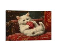 GFGPSALZU Victorian-Era Illustration of A Majestic White Cat Playing with A Ball of Yarn in The Drawing Room Fashionable Wall Decor - Hanging Art Poster And Mural24x36inch(60x90cm)