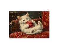 GFGPSALZU Victorian-Era Illustration of A Majestic White Cat Playing with A Ball of Yarn in The Drawing Room Fashionable Wall Decor - Hanging Art Poster And Mural20x30inch(50x75cm)