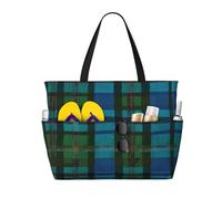 Gfhwpxcnb Blue And Green Scottish Tartan Print Beach Bag For Women, Waterproof Beach Tote Bag Shoulder Bag With Zipper For Traveling Shopping Pool Gym