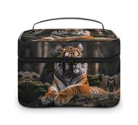 GFLFMXZW Makeup Bag Travel Cosmetic Bag for Women Tiger Lying on Wood Makeup Pouch for Purse Large Makeup Organizer Case Receiving Bag, Tiger Lying on Wood, 25x18x15cm, Cosmetic Bag