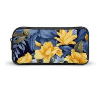 GFLFMXZW Wide Opening Pencil Case Large Capacity Pencil Pouch Blue Base Yellow Floral Pencil Bag Aesthetic Pen Bag Zipper Cosmetic Bag Portable Coin Pouch for Office Organizer
