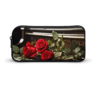 GFLFMXZW Wide Opening Pencil Case Large Capacity Pencil Pouch Red Rose on Piano Pencil Bag Aesthetic Pen Bag Zipper Cosmetic Bag Portable Coin Pouch for Office Organizer