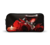 GFLFMXZW Wide Opening Pencil Case Large Capacity Pencil Pouch Red Rose Wine Glass And Candle Pencil Bag Aesthetic Pen Bag Zipper Cosmetic Bag Portable Coin Pouch for Office Organizer