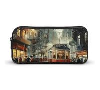 GFLFMXZW Wide Opening Pencil Case Large Capacity Pencil Pouch Red Tram in The Rain Pencil Bag Aesthetic Pen Bag Zipper Cosmetic Bag Portable Coin Pouch for Office Organizer