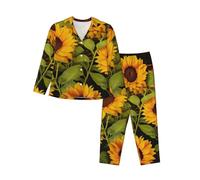 GFLFMXZW Womens Pajama Set Sun Flower Long Sleeve Pajama for Women Loungewear Soft Ladies Pyjamas 2 Pcs, Black, XXL