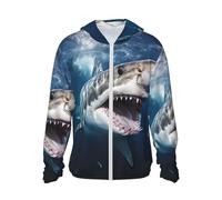 GFLFMXZW Women's Sun Protection Hoodie Jacket Sun Protection Clothing for Men Great White Shark Opens Mouth Women Run Shirt, Black, L