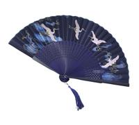 GFM® Exquisite Hand Painted Bamboo Silk Handheld Folding Japanese Design Foldable Hand Fan for Summer, Wedding-F10-Flying Cranes Navy Blue - (EX-A) (FLSLK-F10-18)