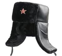 GFM® Mens Ushanka Trapper Russian Hat - Faux Leather Shell - Winter (Black-Star Badge) (USH-PUTOP-KL-Star)