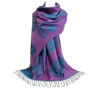 GFM® Paisley and Feathers Pashmina Style Scarf for Women-Lightweight Shawl Wrap 180x70cm with Tassels-Ladies Spring Summer Winter Layering, Gift, Wedding-S1-Lilac Teal-(Pash-AH225-LiTL)