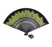 GFM® Peacock Feather Print Bamboo and Silk Handheld Folding Chinese Hand Fans for Summer, Wedding, Party Favour - Peacock Feathers - Black- (FLSLK-F187-EX-15-PCK-KL)