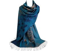 GFM® Women’s Floral Pashmina Scarf - Viscose Lightweight Shawl Wrap 180x70cm with Tassels - Ladies Spring Summer Winter Scarf, Gift, Party & Wedding-2021-Blue Teal Brown- (FRL3)(GDXH-Pash-2021-GHTL)