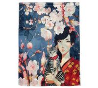 GFM® Women’s Premium Silk Blend Japanese Art Print Scarf - Luxury Soft Lightweight Spring Summer Ladies Wrap Inspired by Traditional Painting Designs (Japanese Lady and Cat)(SCF-FS-JPVSLK-7647-A)