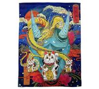 GFM® Women’s Premium Silk Blend Japanese Art Print Scarf - Luxury Soft Lightweight Spring Summer Ladies Wrap Inspired by Traditional Painting Designs (Japanese Dragon Lucky Cat)(SCF-FS-JPVSLK-7646-A)