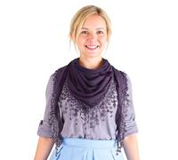 GFM® Women’s Triangle Scarf - Soft Jersey Fabric, Small to Medium, Lace Edging & Tassels, Lightweight Neck Head Scarf for Spring & Summer, Evening Wear,Mantilla-Purple- (AG)(TRI-PLN-GHJMN)