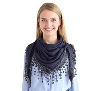 GFM® Women’s Triangle Scarf - Soft Jersey Fabric, Small to Medium, Lace Edging & Tassels, Lightweight Neck Head Scarf for Spring & Summer, Evening Wear,Mantilla- Navy Blue-(AG)(TRI-PLN-GHNL)