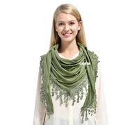 GFM® Women’s Triangle Scarf - Soft Jersey Fabric, Small to Medium, Lace Edging & Tassels, Lightweight Neck Head Scarf for Spring & Summer, Evening Wear,Mantilla-Light Green-(AG-TRI-PLN-HLHR)