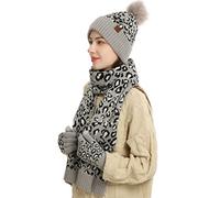GFM® Women's Girls Leopard Pattern Warm Winter Three-Piece Knitted Acrylic Wool and Velvet Hat Scarf Glove Set -Light Grey- (TPS-F-Y75-LPD-HLBH)