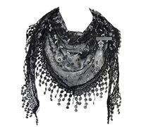 GFM® Women's Summer Triangle Scarf-Mantilla Veil - Sheer Fabric with Fringe,Lace and Tassels -Church Praying Wedding -Neckerchief, Neck Scarf, Head Cover- (TRI-C)(SCF-TRI-85-KL-Black)