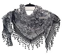 GFM® Women's Summer Triangle Scarf-Mantilla- with Lace and Tassels -Grey Black - (TRI-85-BHKL-KLTSL)
