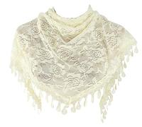 GFM® Women's Triangle Scarf-Spring Summer-Mantilla- with Rose Pattern Tassels & Lace - Cream - (88)(TRI-500-DDH)