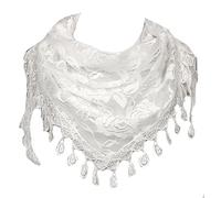 GFM® Women's Triangle Scarf-Spring Summer-Mantilla- with Rose Pattern Tassels & Lace -White - (88)(TRI-500-SFD)
