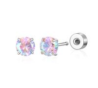 Gfractolux G23 Titanium Earrings Screw Back 5 mm ASTM F136 Implant Grade Titanium Studs 20G Hypoallergenic 4 Prong Round Cubic Zirconia Flat Back Earrings for Sensitive Ears Women Men, Titanium, No