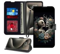 GFRGTFHYT for iPhone 16 Phone Case 6.1" Wallet with Credit Card Holder Wrist Strap PU Leather RFID Blocking Magnetic Flip Kickstand Card Slots Cover for iPhone 16 2024, Black Human Skeletons Skull
