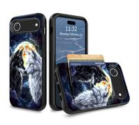 GFRGTFHYT for iPhone 17 Air Wallet Case with Credit Card Holder Hybrid Dual Layer Wolf Moon Art Design for Women Man Heavy Duty Shockproof Protective Phone Case for Apple iPhone Air 6.5" 2025