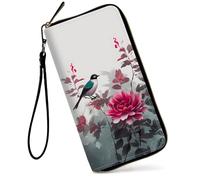 GFRGTFHYT Womens Wallet Large Capacity RFID Blocking PU Leather Wristlet Wallets for Women, Magpie Peony Flowers, Women Wallet, Magpie Peony Flowers
