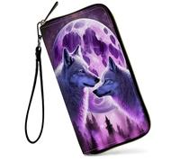 GFRGTFHYT Womens Wallet Large Capacity RFID Blocking PU Leather Wristlet Wallets for Women, Moon and Wolf Wolves, Women Wallet, Moon and Wolf Wolves