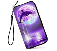 GFRGTFHYT Womens Wallet Large Capacity RFID Blocking PU Leather Wristlet Wallets for Women, Purple Dolphin Moon, Women Wallet, Purple Dolphin Moon