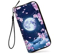 GFRGTFHYT Womens Wallet Large Capacity RFID Blocking PU Leather Wristlet Wallets for Women, Sakura Cherry blossom Moon, Women Wallet, Sakura Cherry Blossom Moon