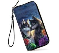 GFRGTFHYT Womens Wallet Large Capacity RFID Blocking PU Leather Wristlet Wallets for Women, Wolves Flowers, Women Wallet, Wolves Flowers