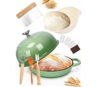 GFTIME Cast Iron Dutch Oven with Lid, Bread Baking Pot with Proofing Basket, Single Cutter, Dough Mixer, Sourdough Baking for Kitchen, Braising, 5 Quart, Green