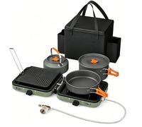 GFTIME Portable 2 Burner Camping Stove Set with Cookware, 30,000 BTU/h, Outdoor Cooking Kit Includes Outdoor Folding Gas Stove, Frying Pan, Griddle, Kettle, Pot, and Carry Bag, For Propane & Butane