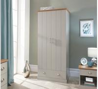 GFW Kendal 2 Door 1 Drawer Wardrobe, Light Grey and Oak Bedroom Wardrobe with Hanging Rail and Storage Drawer, Country Cottage Style Furniture