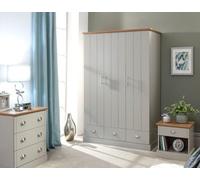 Kendal 3 Door Wardrobe With Hanging Rail & 3 Storage Drawer For Bedroom, Modern Wooden Wardrobes, Modern Bedroom Furniture Clothes Storage With Contrast Oak Top, Grey
