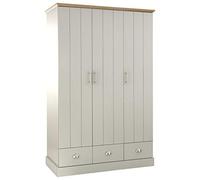 GFW Kendal 3 Door 3 Drawer Wardrobe, Light Grey and Oak Bedroom Wardrobe with Hanging Rail Storage, Country Cottage Style Furniture
