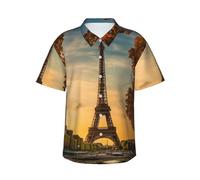 GFXEDSAH Eiffel Tower Paris Autumn Print Men's Short Sleeve Button Down Hawaiian Shirts,Stylish Beach Vacation Essentials for Men Black