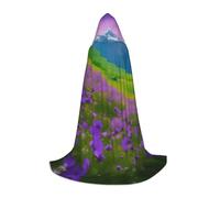 GFXEDSAH Nature Purple Flowers Meadow Mountain Scenic Print Hooded Cloak,Medieval Cape With Comfortable Hood,Perfect For Role Play And Parties