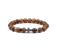GFYWZ Natural Lava Stone Bead Obsidian Bracelets Cross Rosary Meditation Prayer Jesus Turquoise Bracelet Women Yoga Jewelry,Wooden Beads,Adjustable