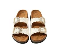 GFZMF Women Double Buckle Flat Slide Sandals, PVC Breathable Beach Slippers, Thick Sole Casual Summer Shoes, Plus Size 3.5-7.5, Beige Black