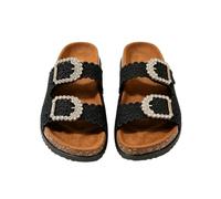 GFZMF Women Double Buckle Flat Slide Sandals, PVC Breathable Beach Slippers, Thick Sole Casual Summer Shoes, Plus Size 3.5-7.5, Beige Black