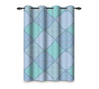 ggaimwf 53"x 69" Boho Patchwork Eyelet Curtain Blue Shabby Retro Abstract Check Flower Pattern Insulated Thermal Grommet Blackout Window Drapes for Bedroom Living Room Kitchen,1 Single Panel
