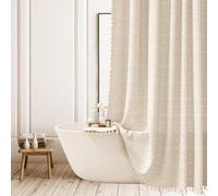 ggaimwf Boho Extra Long Shower Curtain Farmhouse Checkered Polyester Linen Fabric Shower Curtains for Bathroom Rustic Shabby Chic Neutral Bathroom Curtain Set with Tassel 72x96 Inch