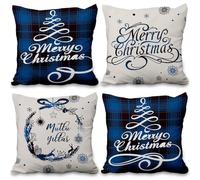 ggaimwf Christmas Pillow Cover Set Merry Christmas Cushion Cover Blue Check Snowflake Festive Scatter Cushions Nordic for Sofa Living Room Linen Throw Pillowcases Double Sided 40x40cm 4 Pieces