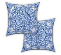 ggaimwf Cushion Cover 60x60cm Mandala Blue Ethnic Boho Moroccan Cushion Indian Style Abstract Arabesque Meditation Hippie Modern Throw Pillow Cover for Sofa Living Room Bed Pillowcase Set of 2