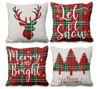 ggaimwf Cushion Covers for Christmas Deer Fir Trees Red Green Gingham Checked Cushions Fine Linen Look Double Sided Winter Farmhouse Bed Cushion Covers Sofa Outdoor 60x60cm Set of 4